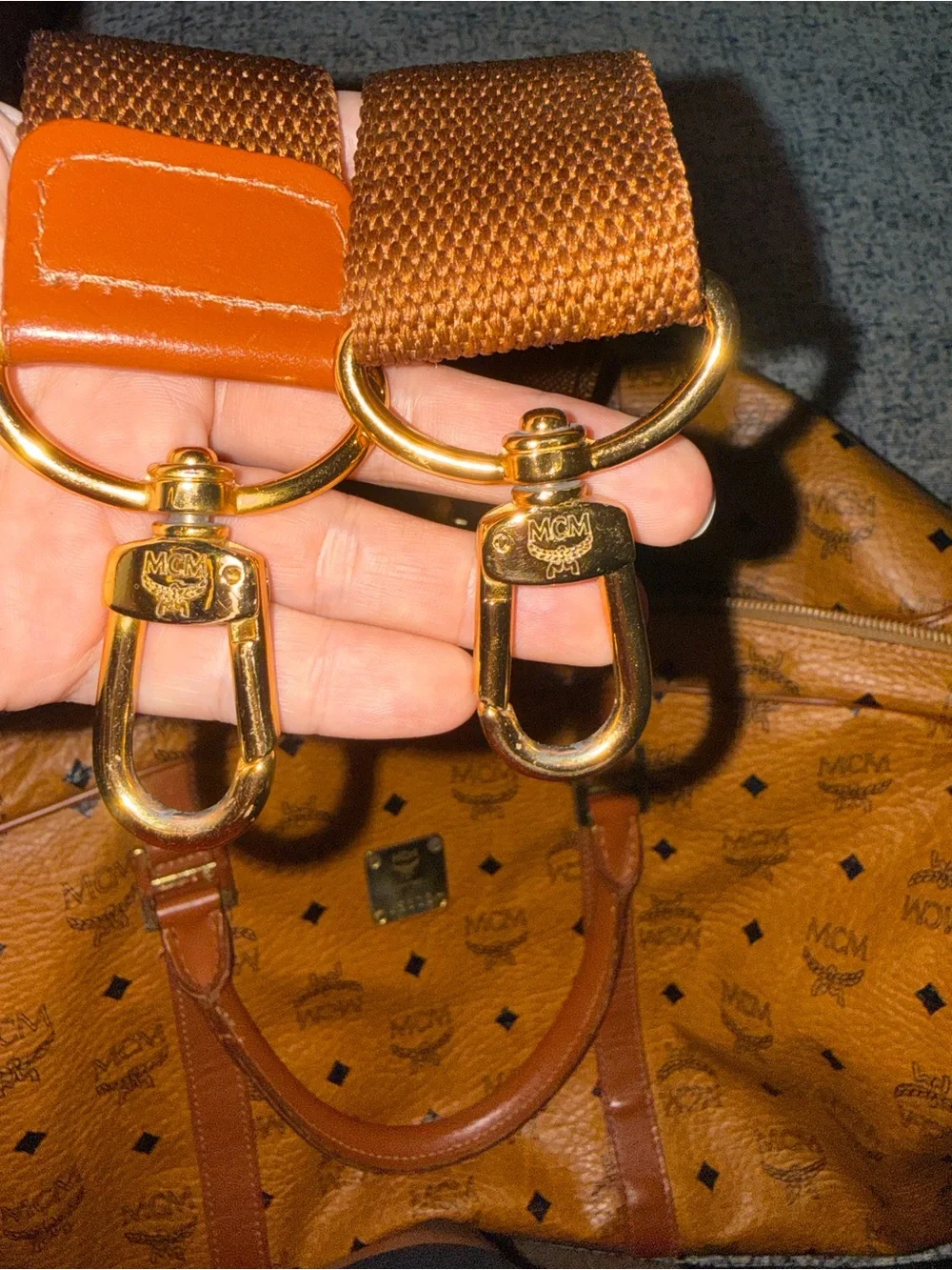 MCM Cognac Visetos Logo Duffel with Brown Leather Trim